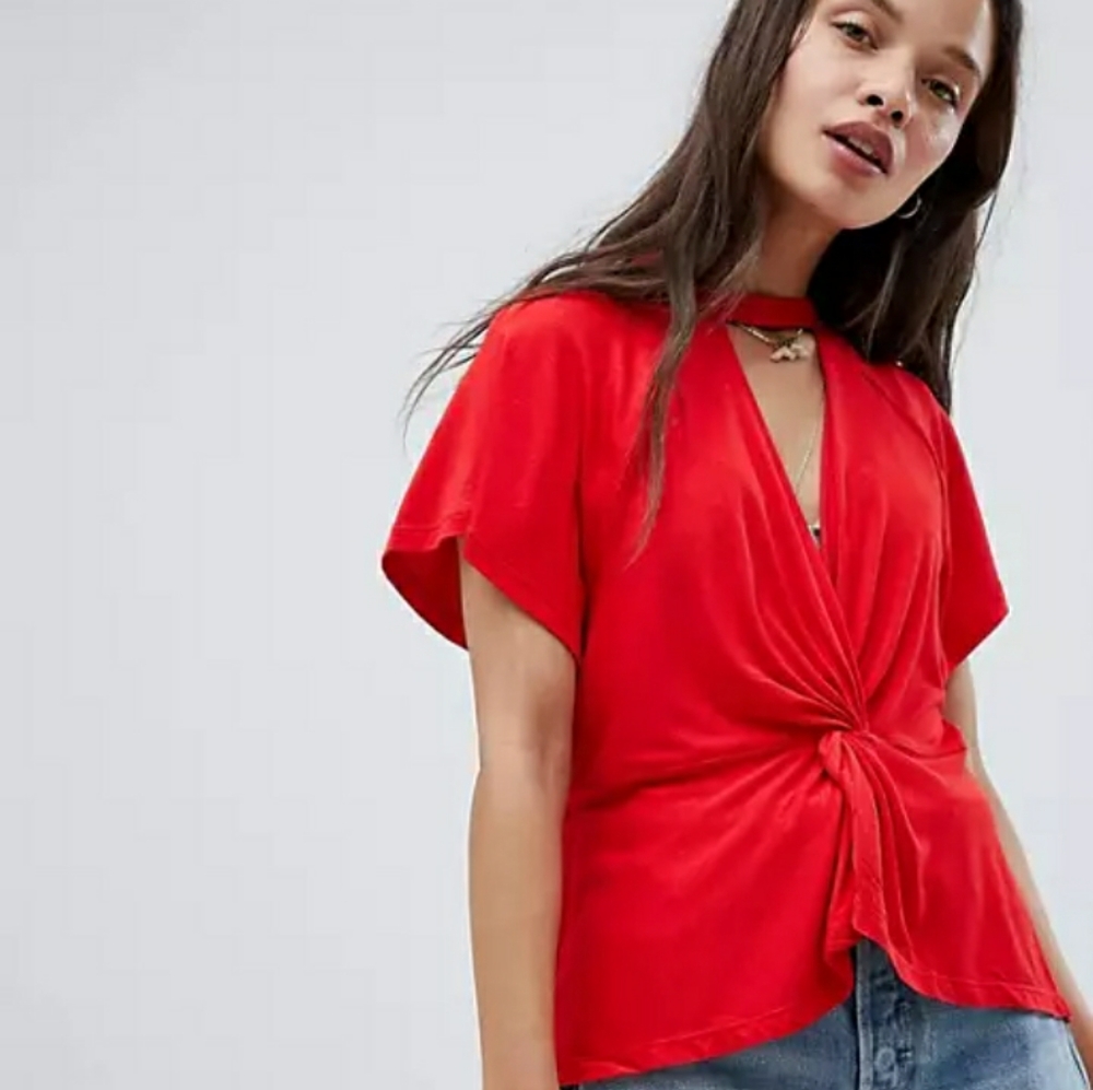Free People Red Choker Neckline Deep V Opening Knotted Bodice Top size S - Picture 2 of 8
